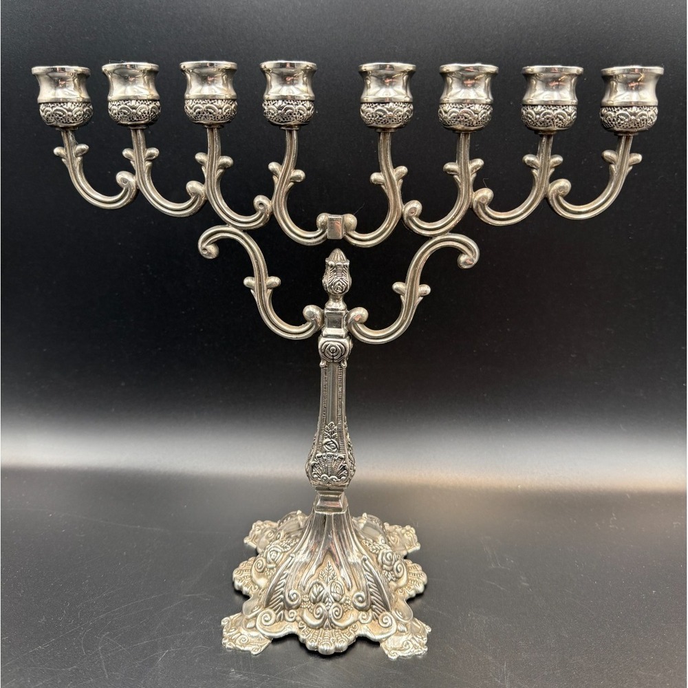 Silver Plated Hanukkiah Menorah w/out Shamash, Candle Holder 10.5" Tall - VTG